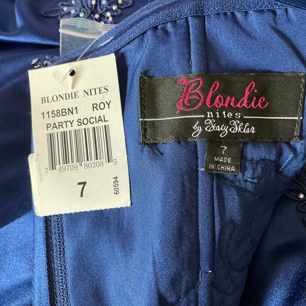 Blondie Nites Strapless Beaded Satin A-Line Evening Gown Royal Blue Size 7 Dress - Picture 10 of 11